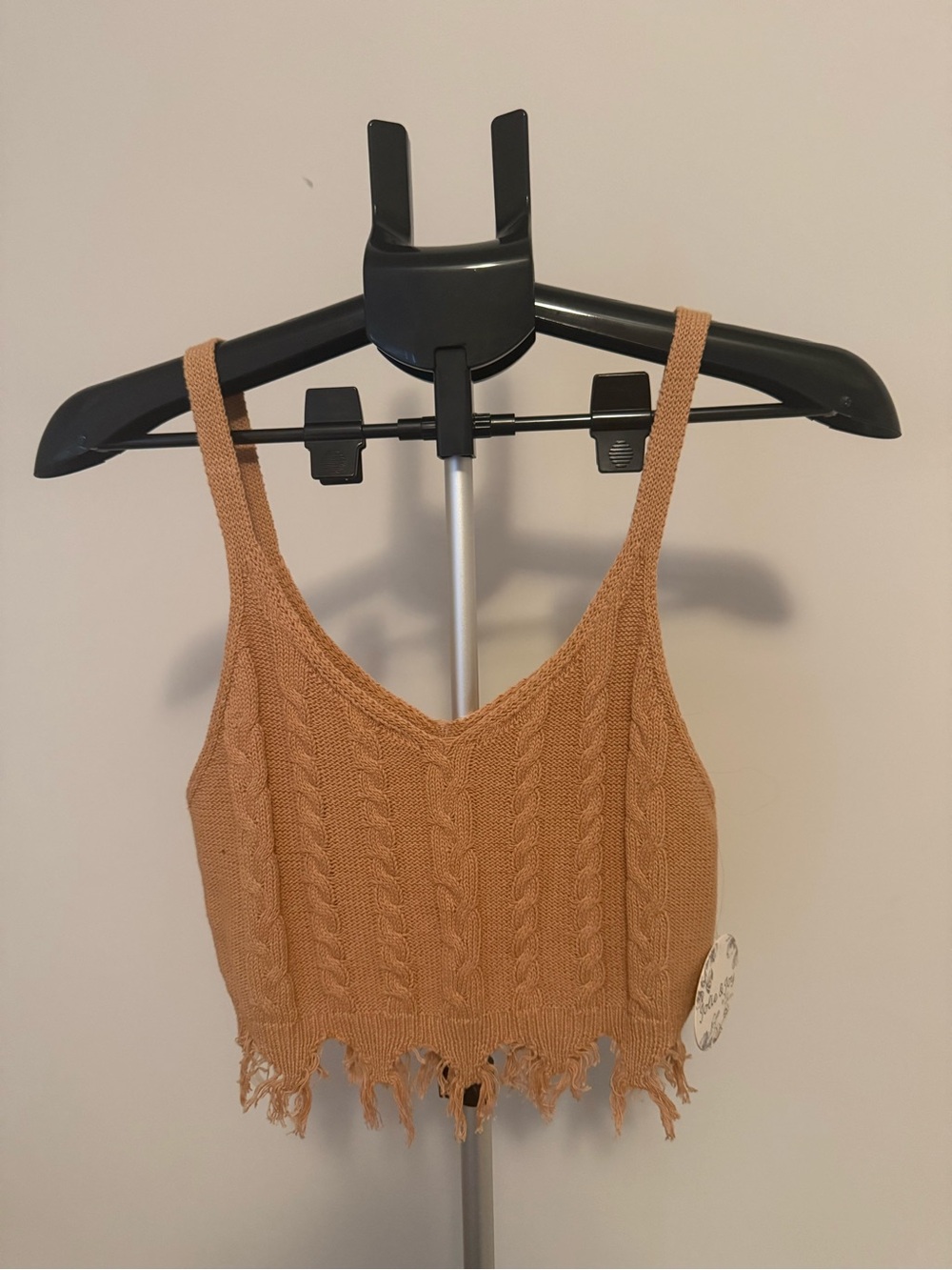 Sleeveless Cable-Knit Fringe Crop Top - Tan NWT